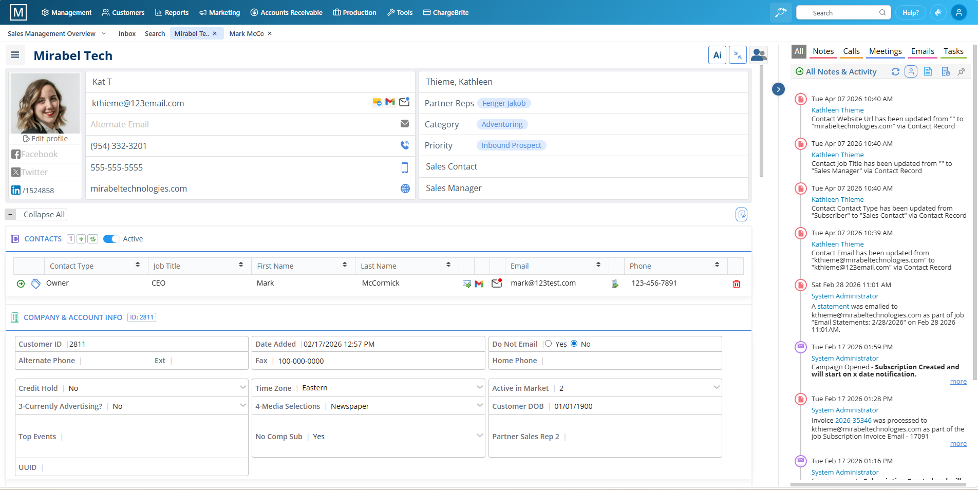 Magazine Manager CRM interface showing contact management, sales pipeline, and customer relationships