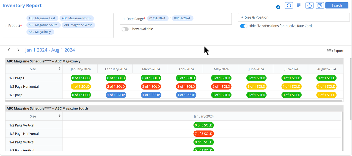 Ad inventory management interface in The Magazine Manager