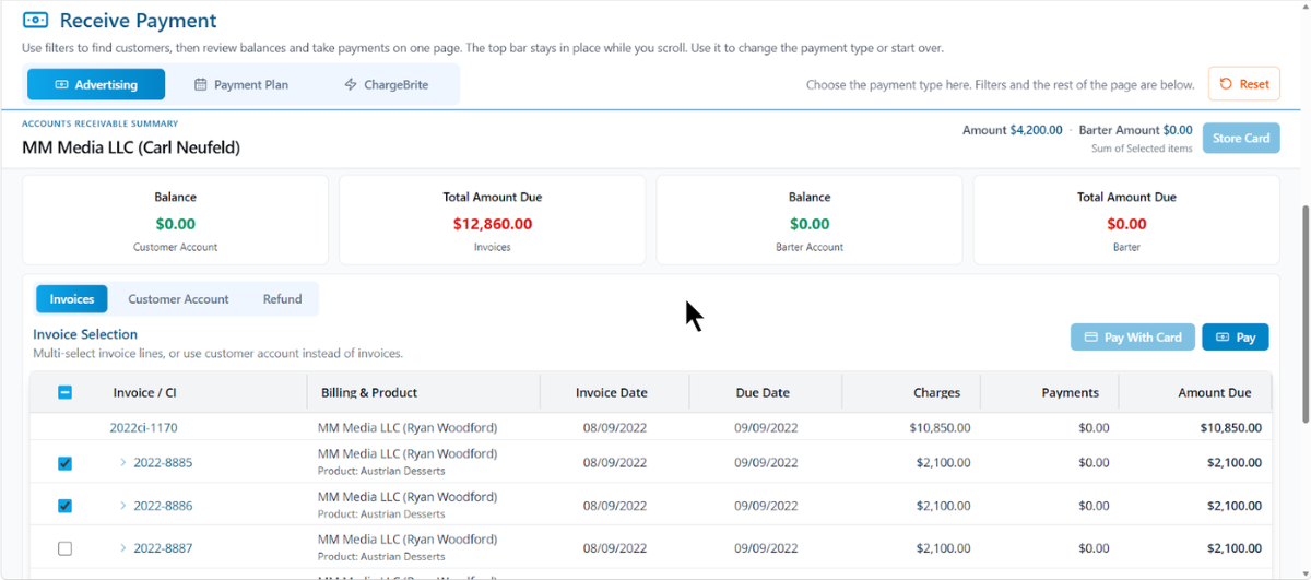 Receive Payment screen in The Magazine Manager applying a payment against open invoices