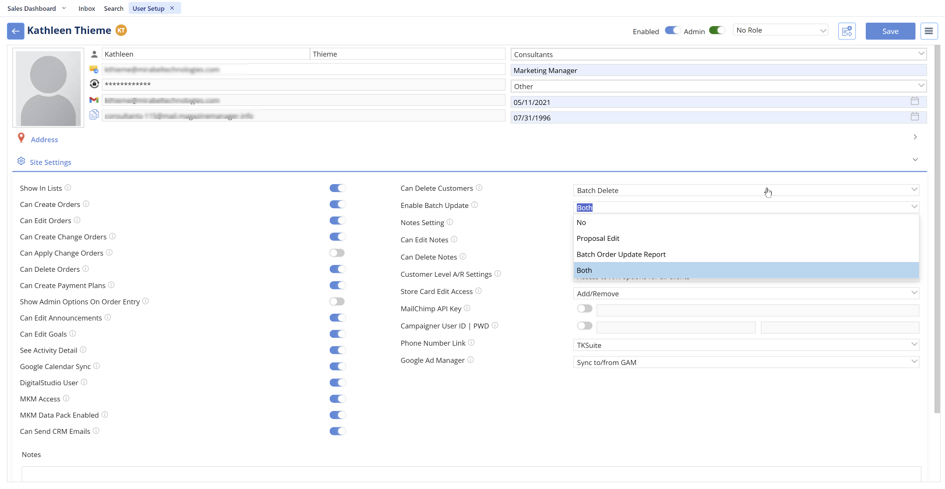 User Setup showing role-based permissions across multiple titles
