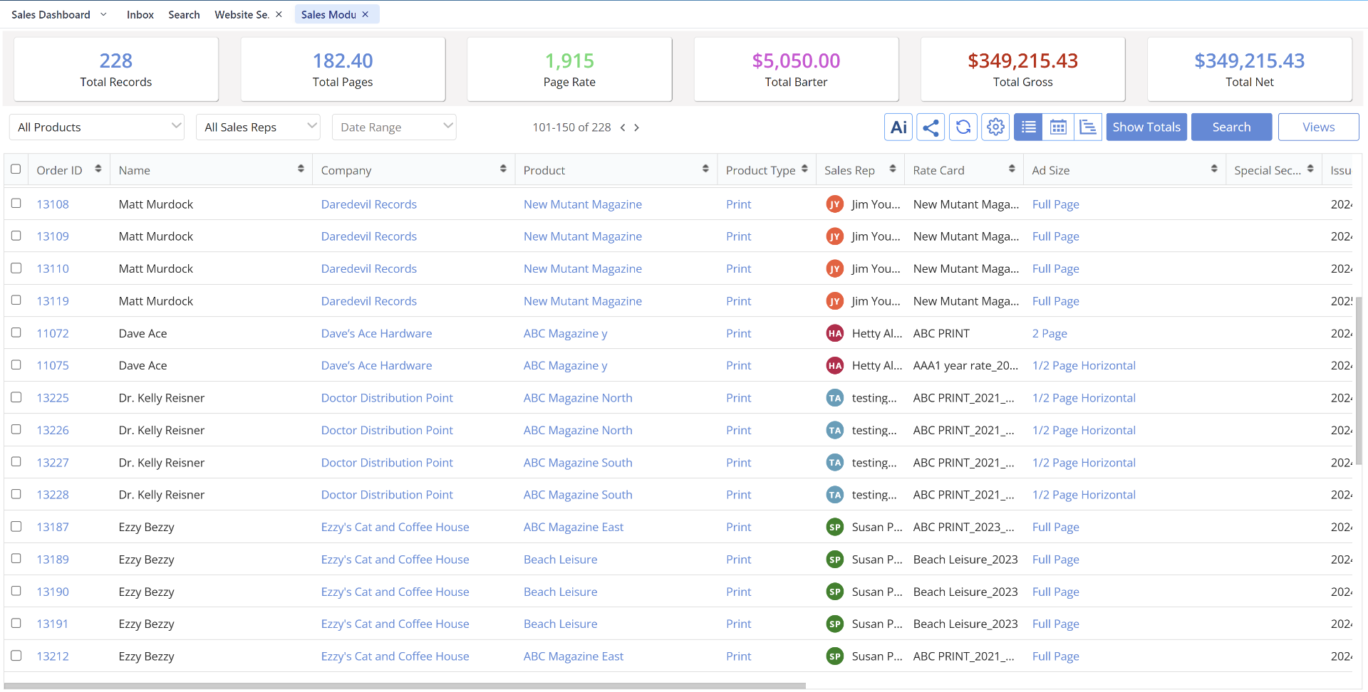 Sales module showing order records with totals for pages, gross, and net