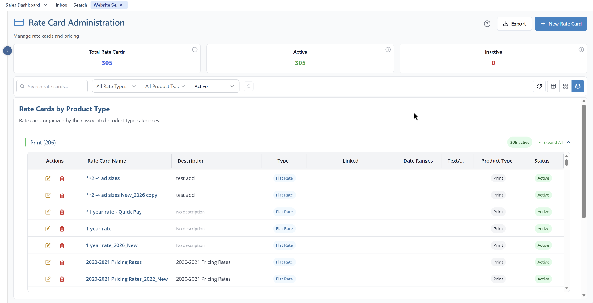 Rate Card Administration showing rate cards organised by product type