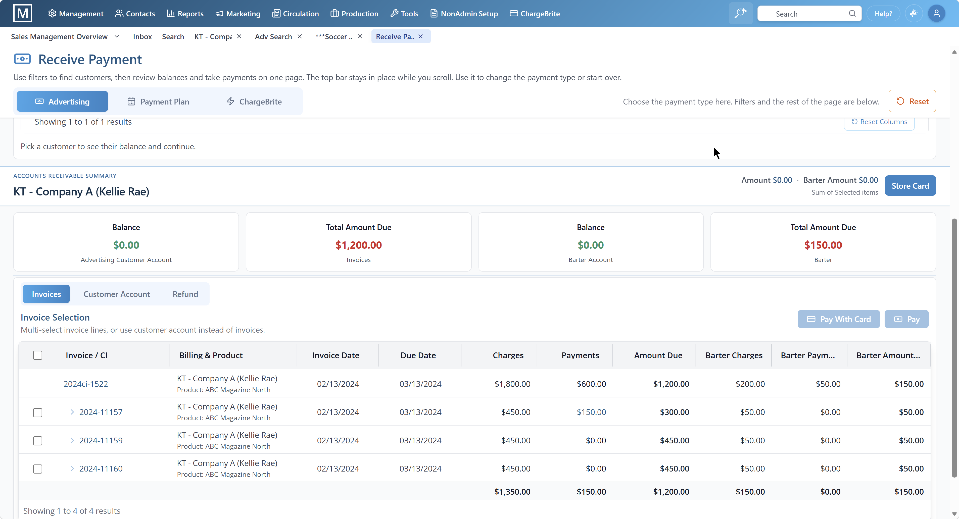 Receive Payment screen showing advertiser balances, invoices, and payment history