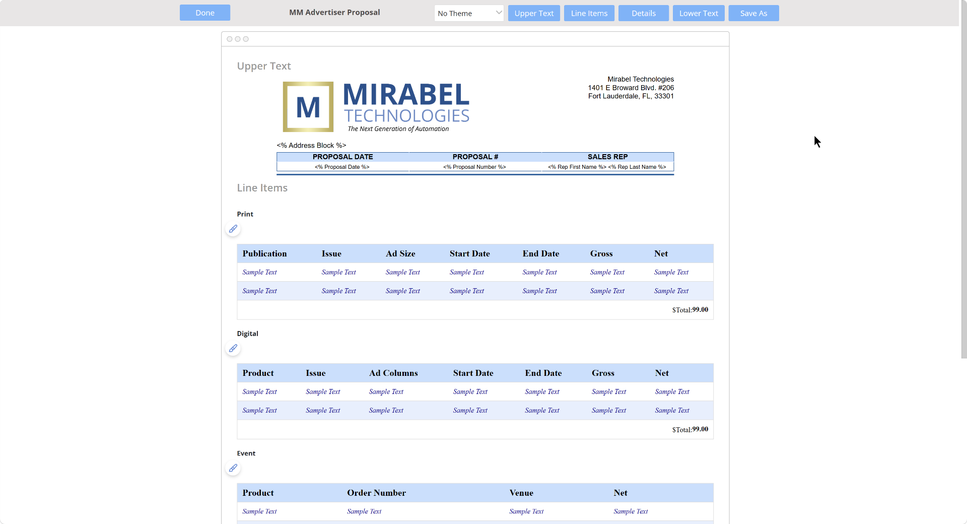 Reusable proposal template with print, digital, and event line items