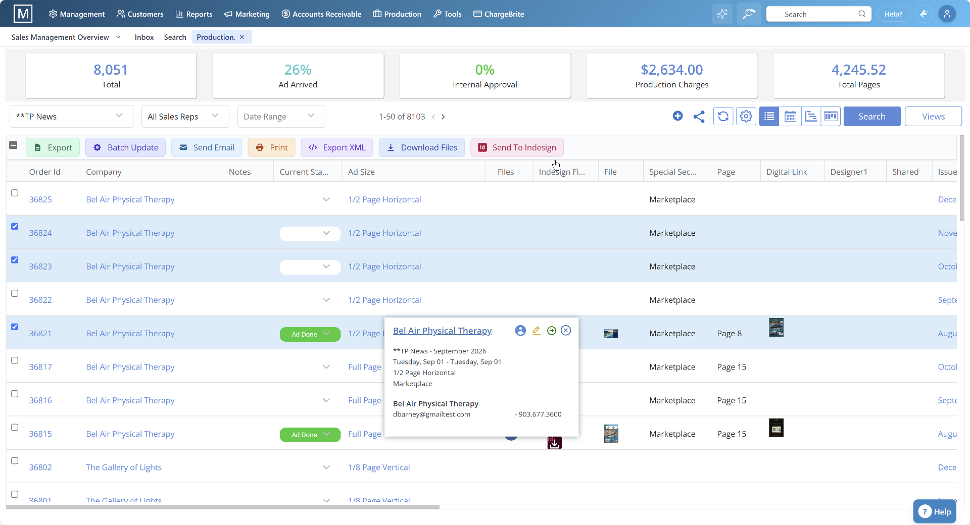 Production module showing every ad order's stage, proofs, and page counts