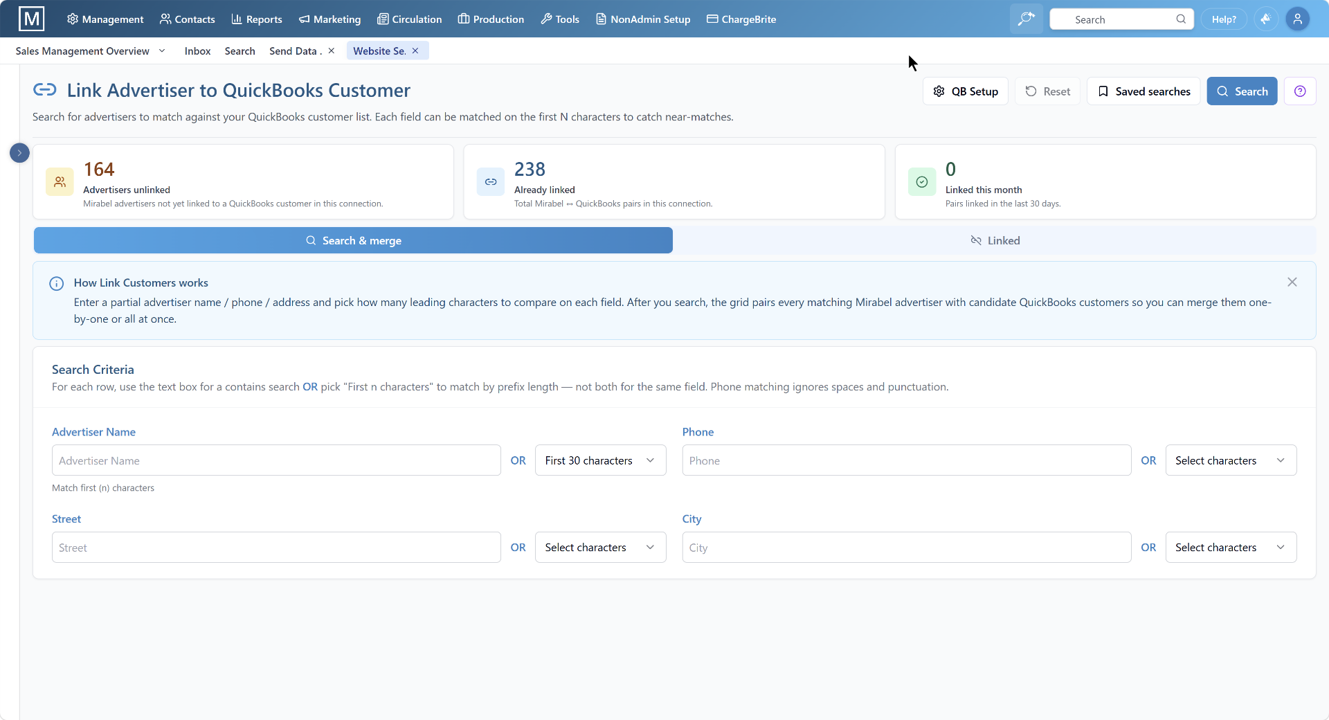 Link Advertiser to QuickBooks Customer, matching advertisers to accounting records