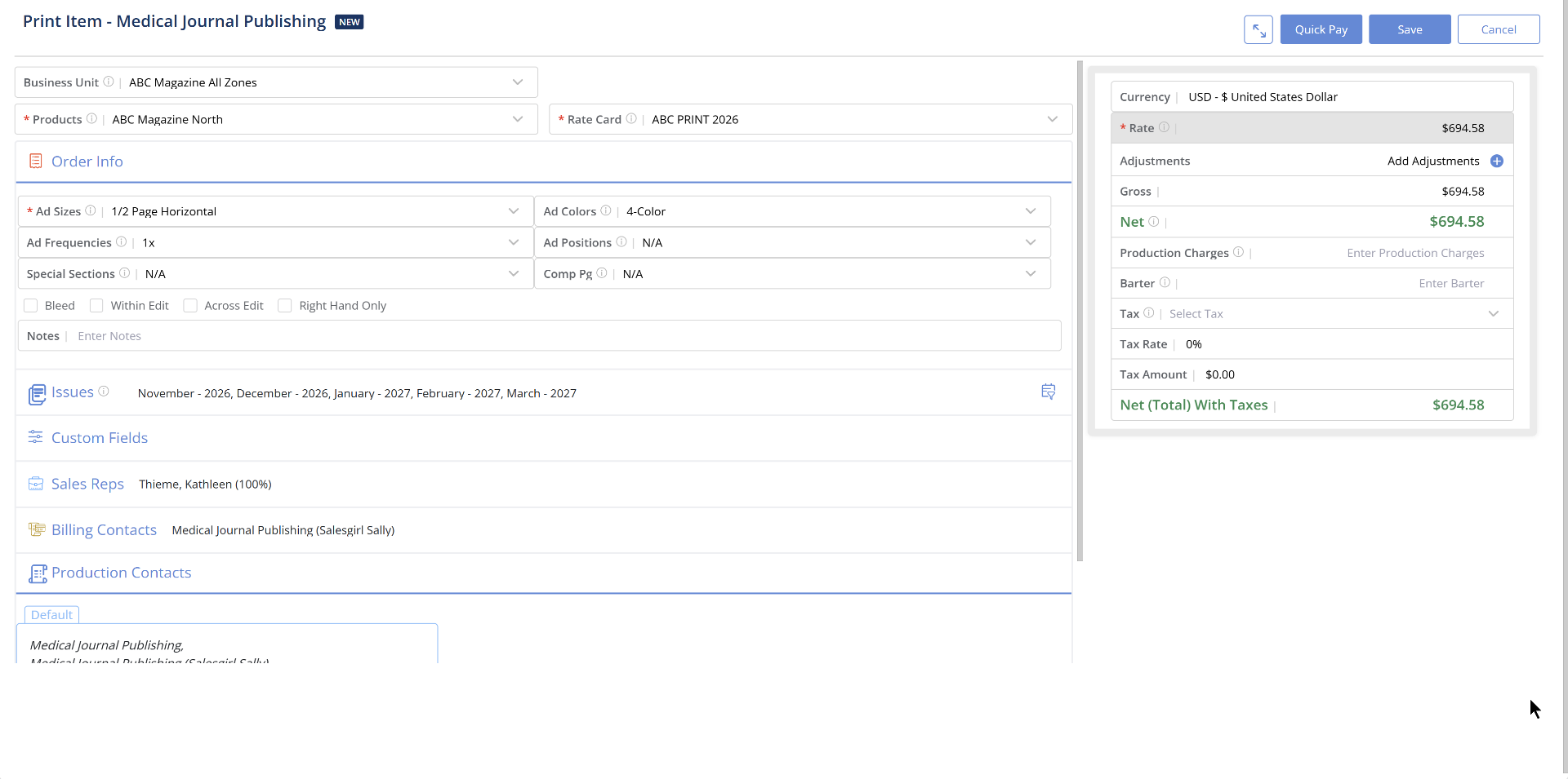 Ad order entry showing print item details, rate card, and net totals