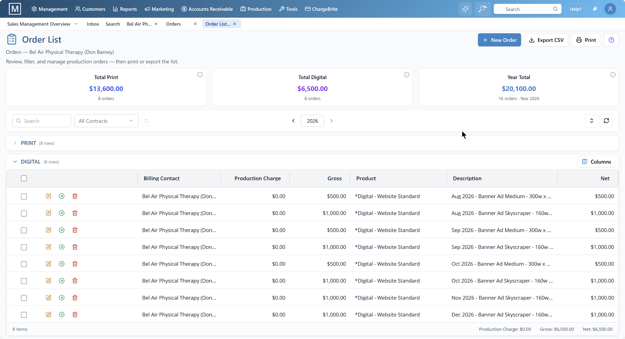 Ad Order List showing print and digital orders with charges, gross, and net