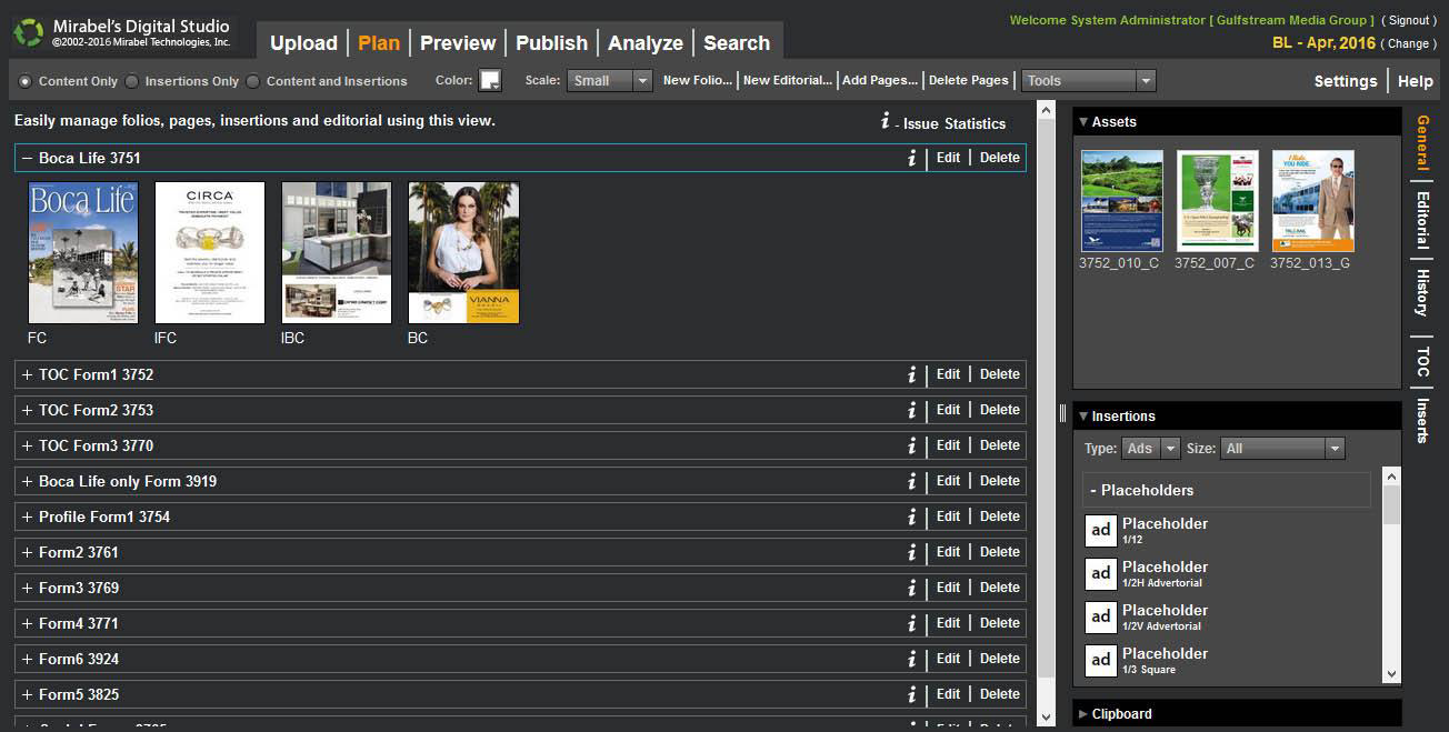 Mirabel's Digital Studio — folio, page and insertion planning view